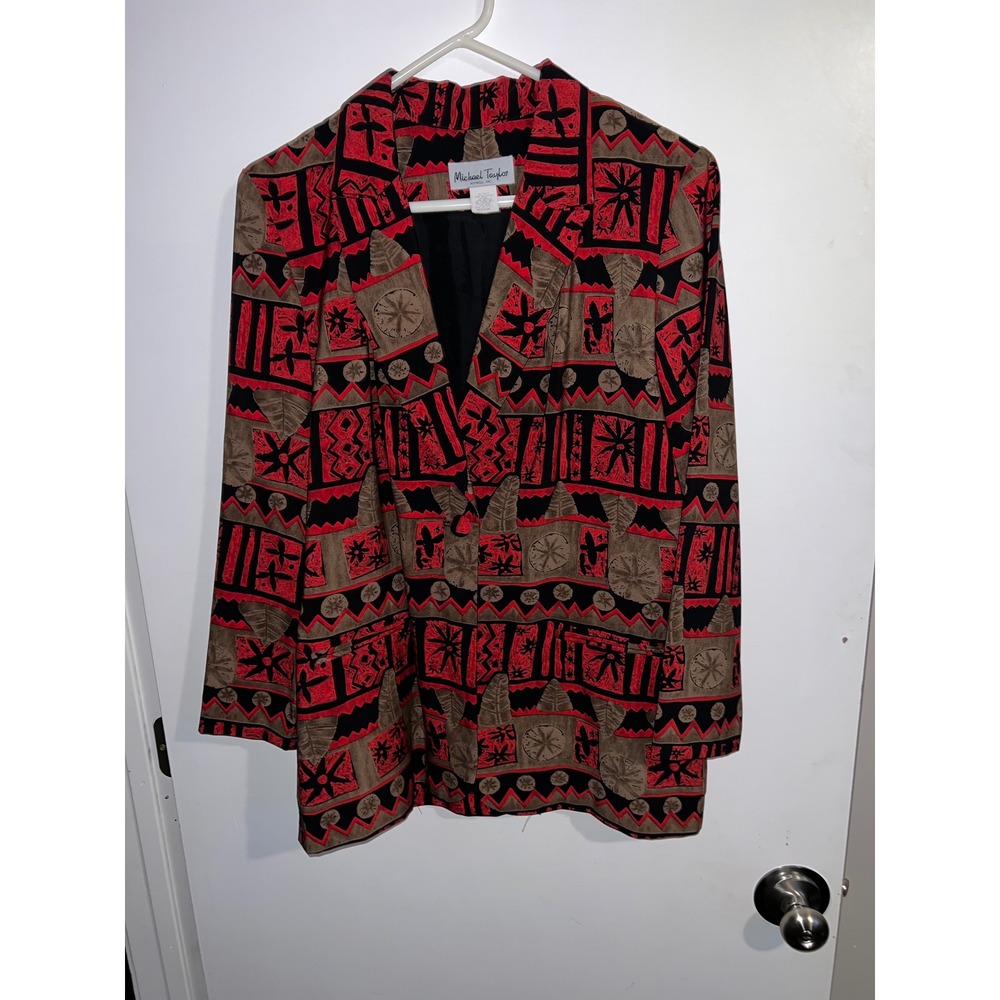 Michael Taylor Vintage 90s Red Tribal Geometric Print Blazer Jacket Medium